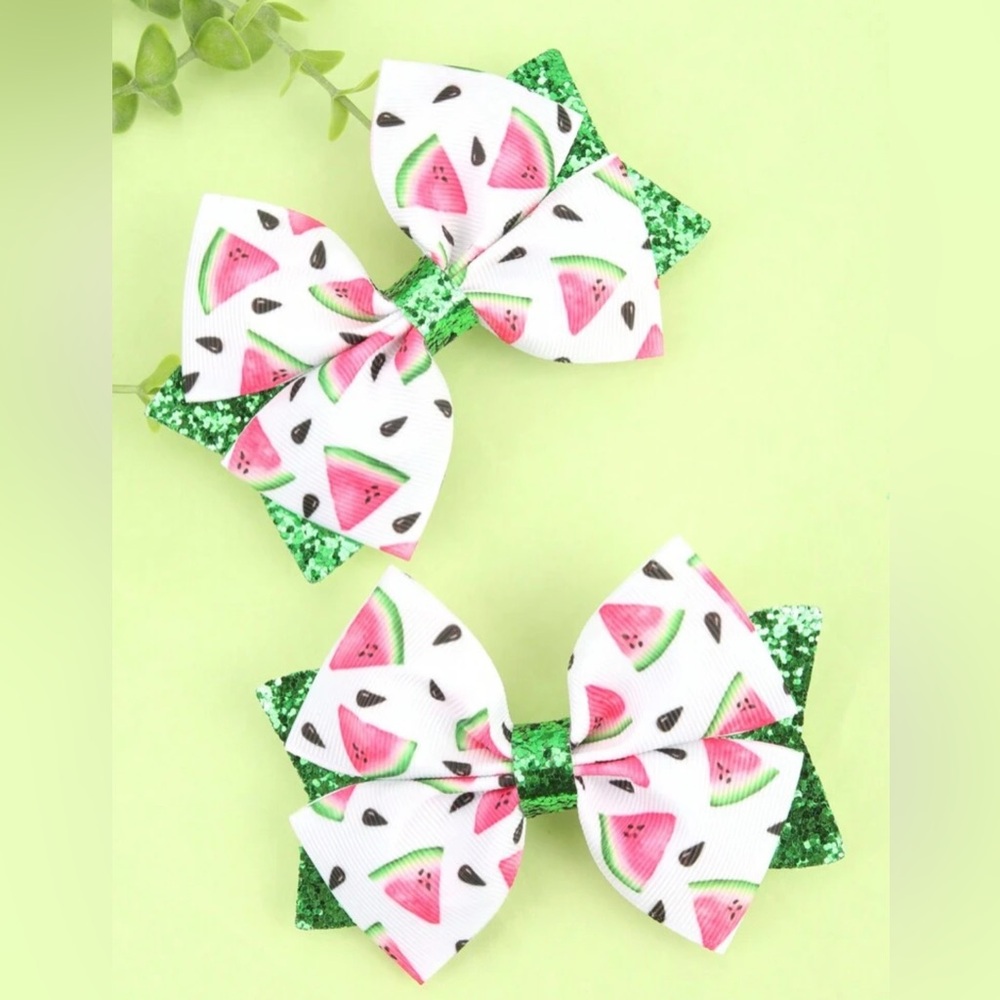 Summer Watermelon Ribbon and Glitter Hair Bow Alligator Hair Clip Set for Girls